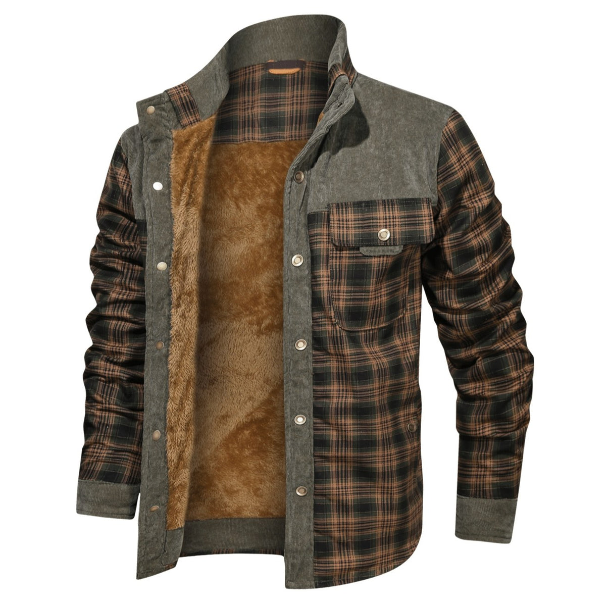Open front view of the lined plaid shirt jacket with a chest pocket