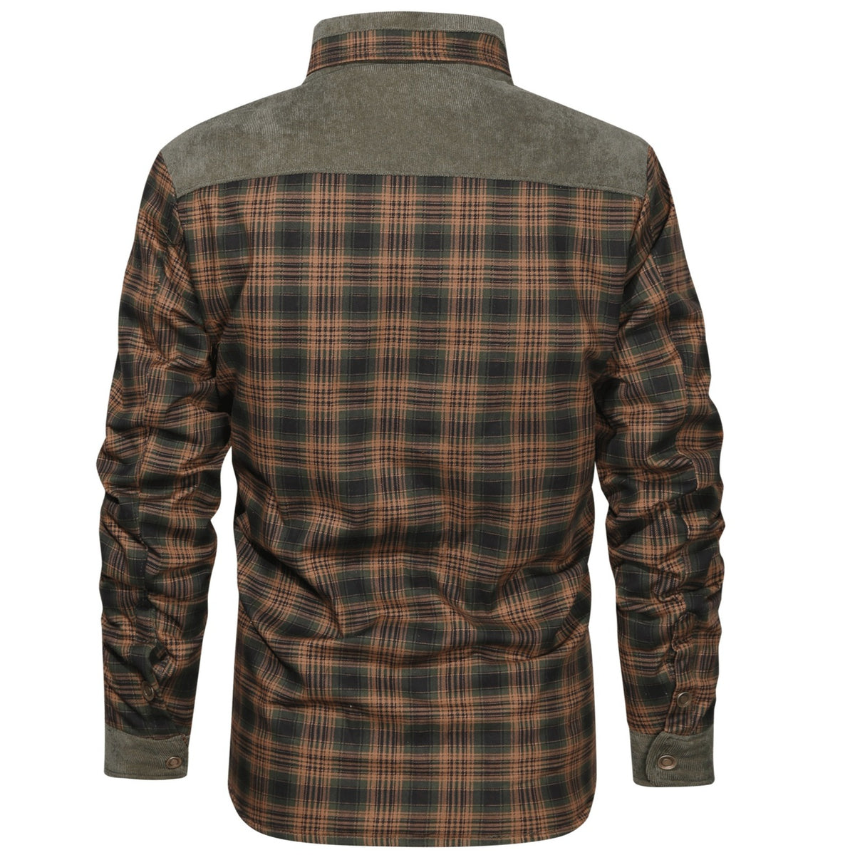 Back view of the plaid shirt jacket with a corduroy-look yoke