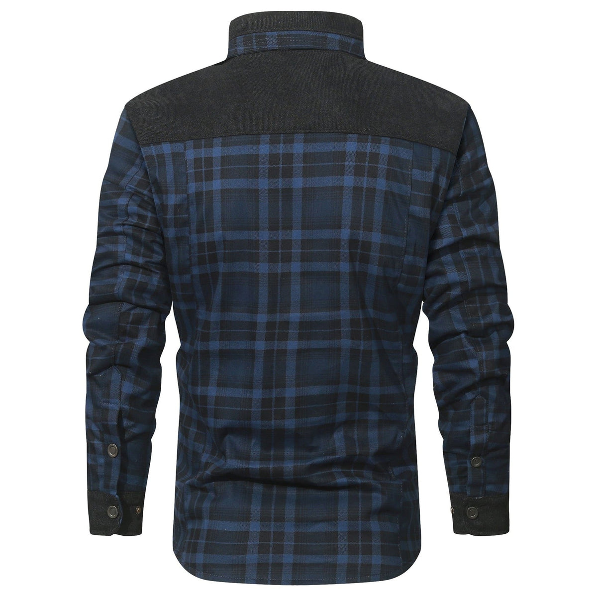 Back view of the plaid shirt jacket with a dark yoke