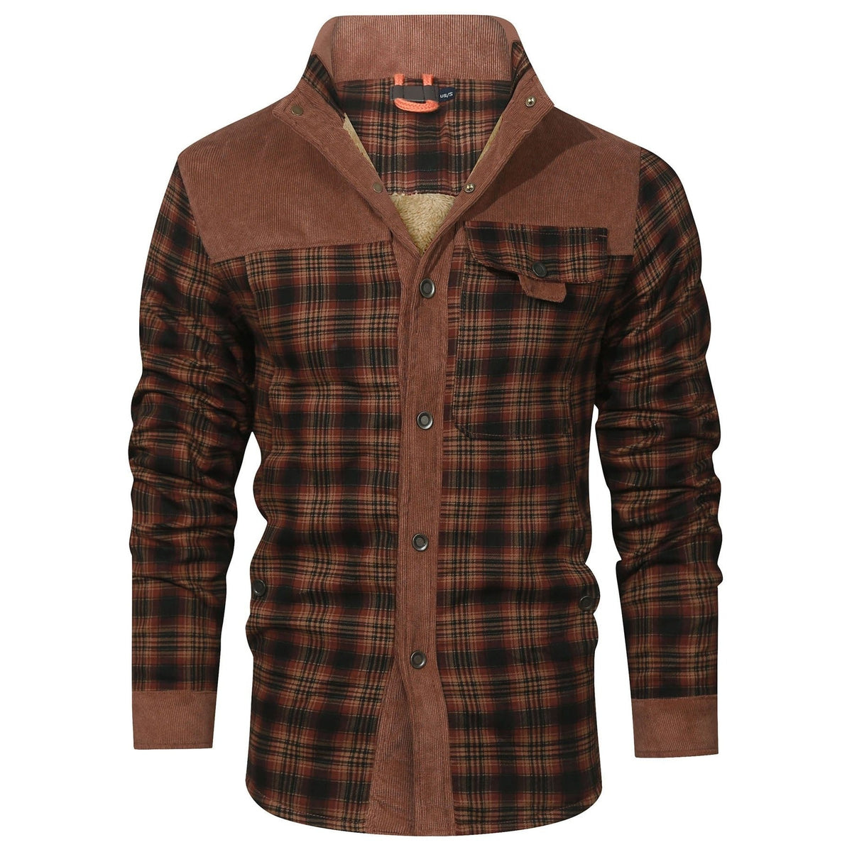 Red Wine plaid shirt jacket with corduroy-look yoke, front view