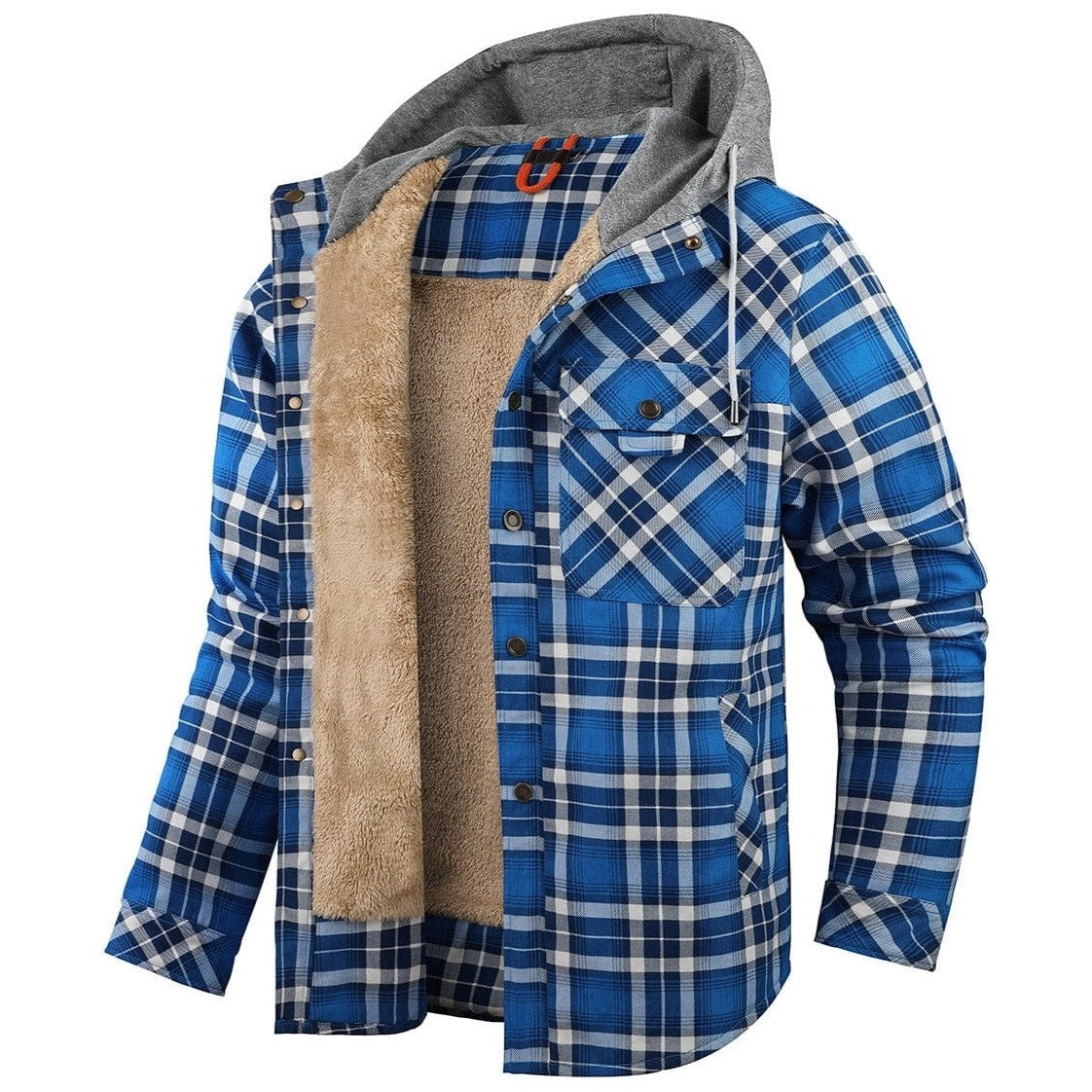 Blue hooded plaid shirt jacket, front view