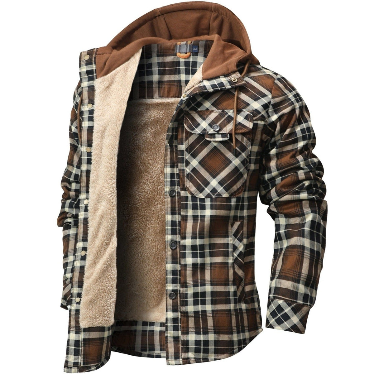 Brown hooded plaid shirt jacket, front view