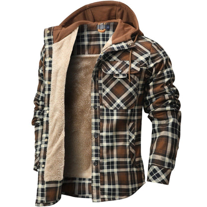 Brown hooded plaid shirt jacket, front view
