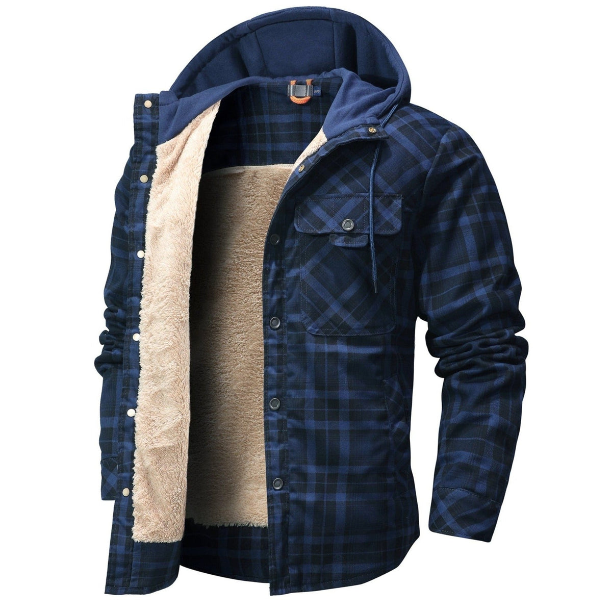 Dark Blue hooded plaid shirt jacket, front view