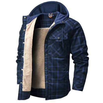 Dark Blue hooded plaid shirt jacket, front view