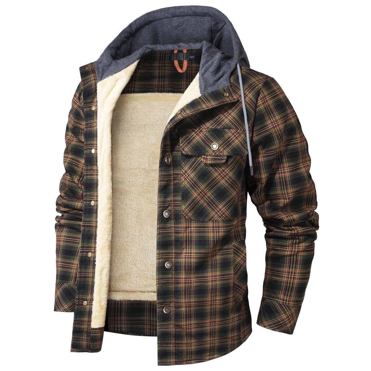 Green hooded plaid shirt jacket, front view