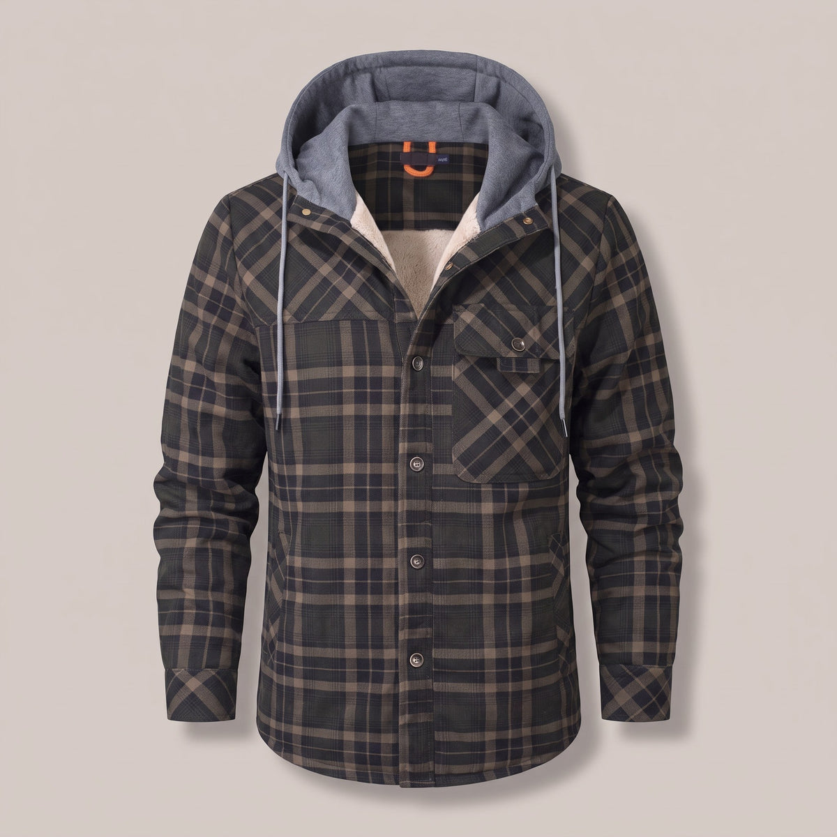 Army Green hooded plaid shirt jacket, front view