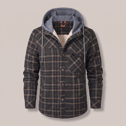 Army Green hooded plaid shirt jacket, front view