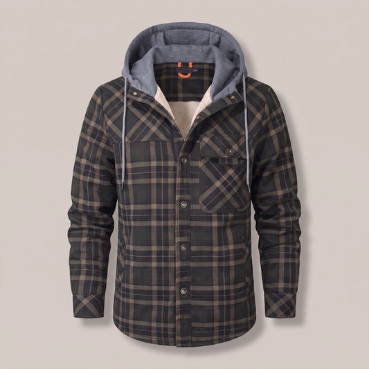 Army Green hooded plaid shirt jacket, front view