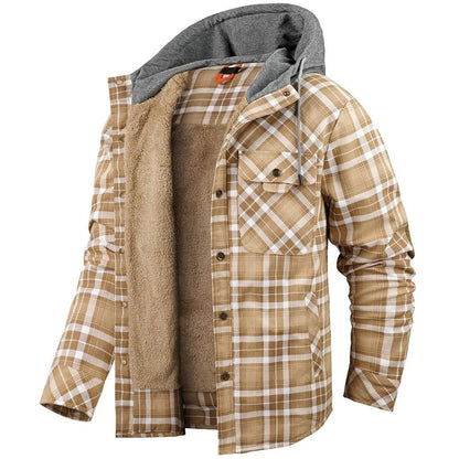 Khaki hooded plaid shirt jacket, front view