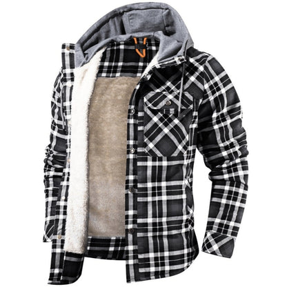 Open front view of the hooded plaid shirt jacket with a sherpa lining