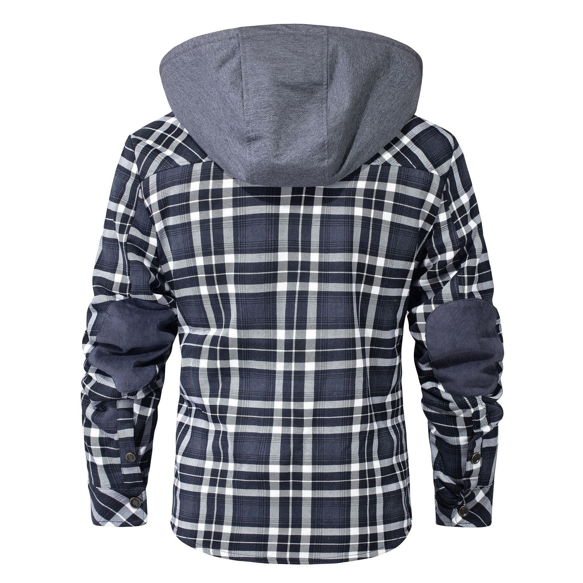 Back view of the hooded plaid shirt jacket with elbow patches