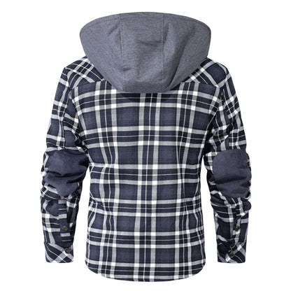 Back view of the hooded plaid shirt jacket with elbow patches