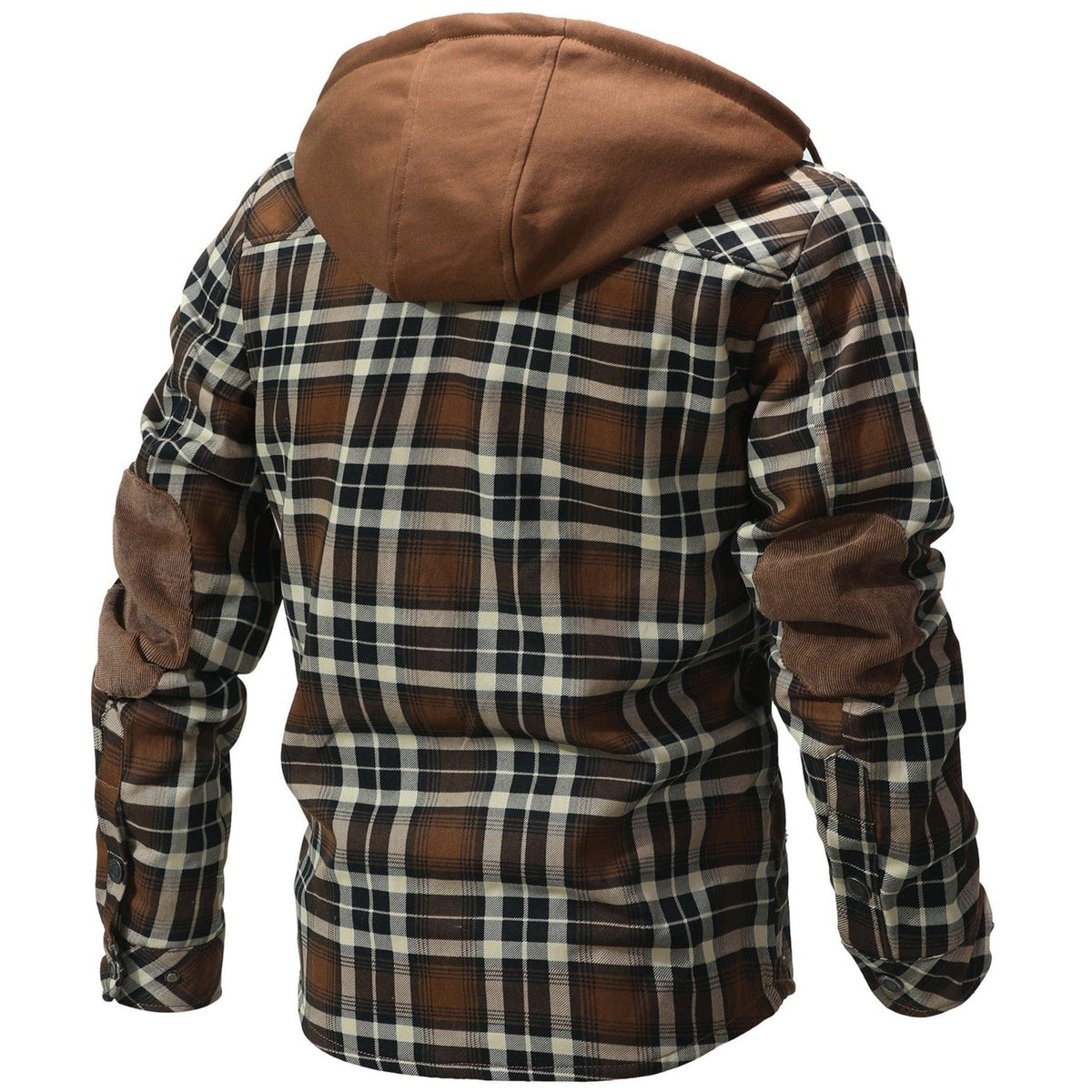 Back view of the hooded plaid shirt jacket with a contrast hood
