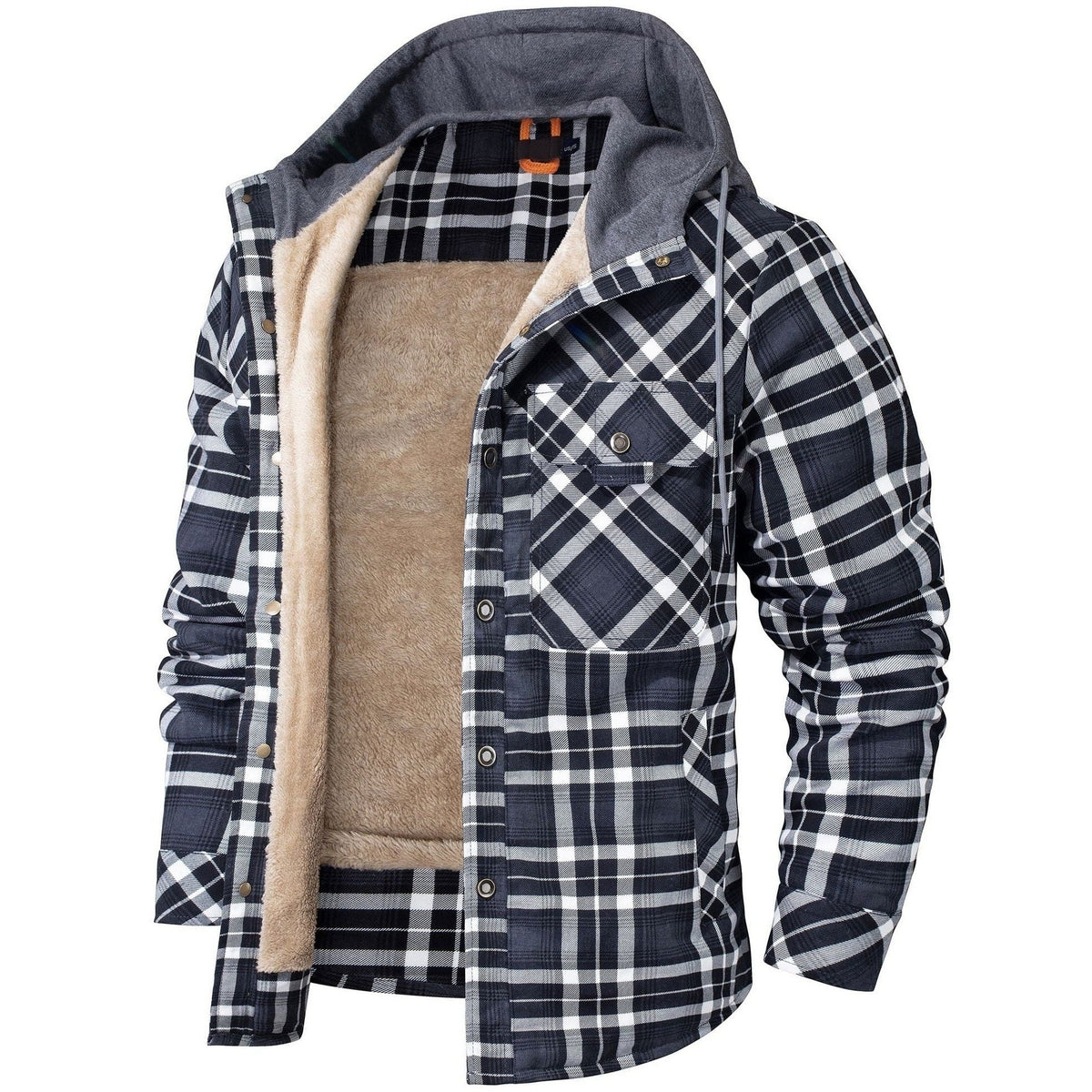 Front view of the hooded plaid shirt jacket with a sherpa lining