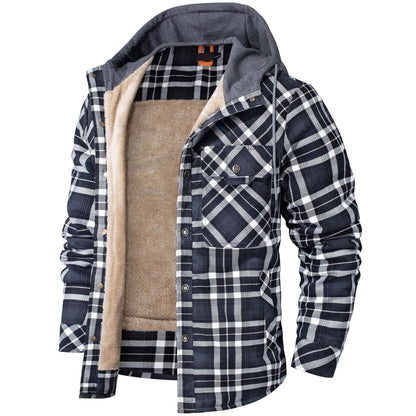 Front view of the hooded plaid shirt jacket with a sherpa lining