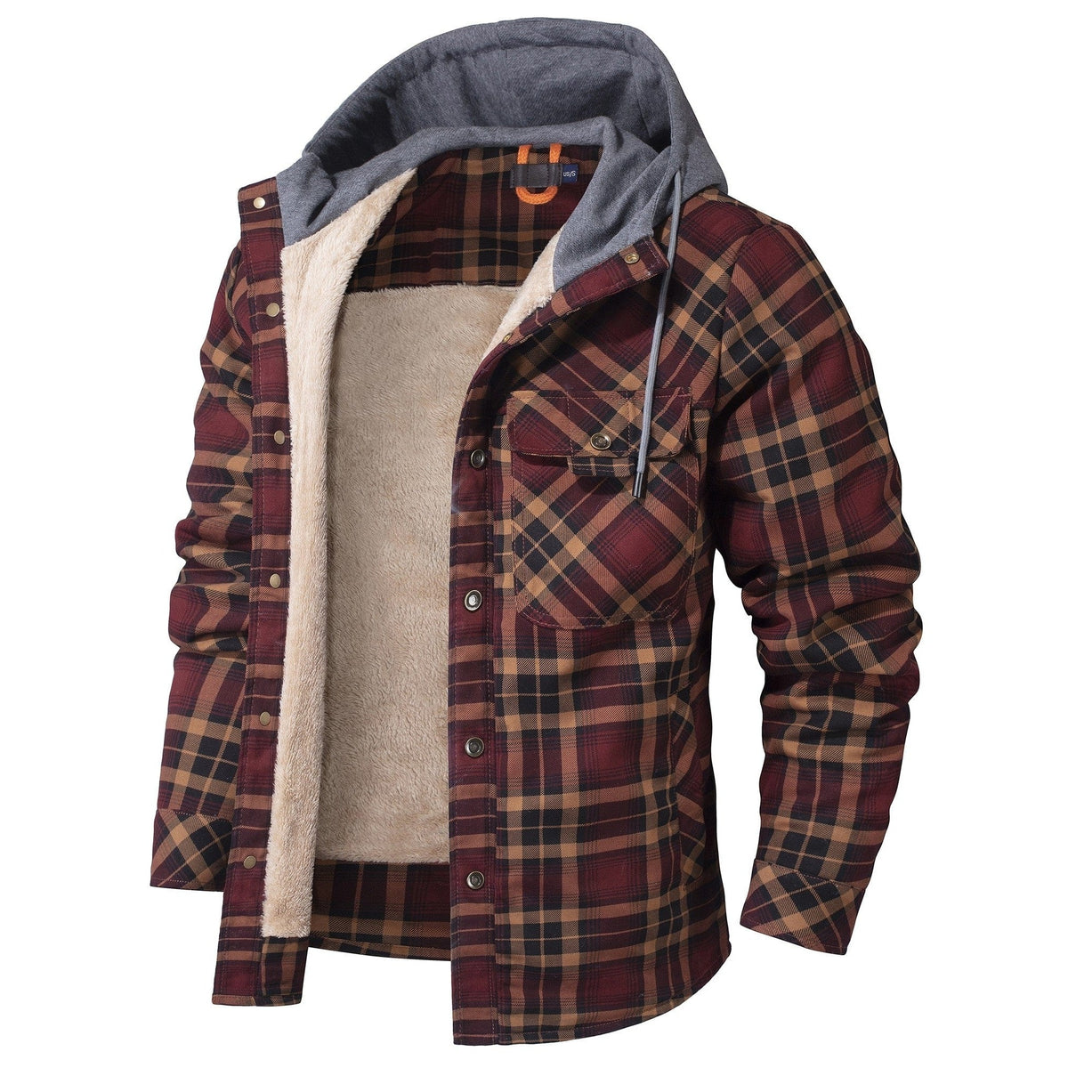 Red Wine hooded plaid shirt jacket, front view