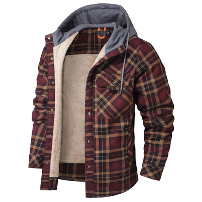 Red Wine hooded plaid shirt jacket, front view
