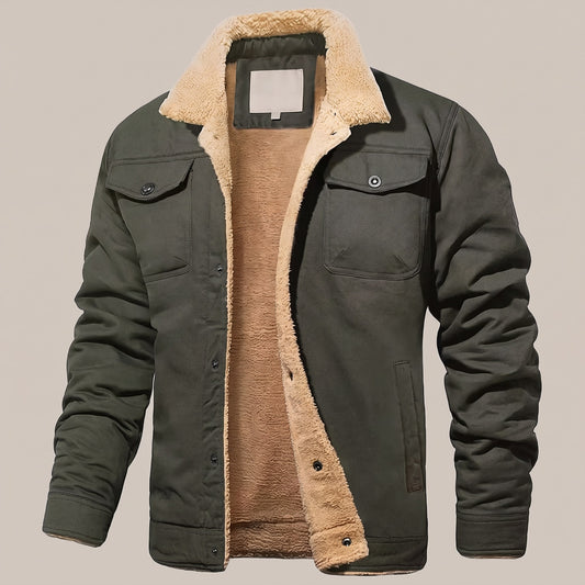 Army Green sherpa collar jacket with flap pockets, front view