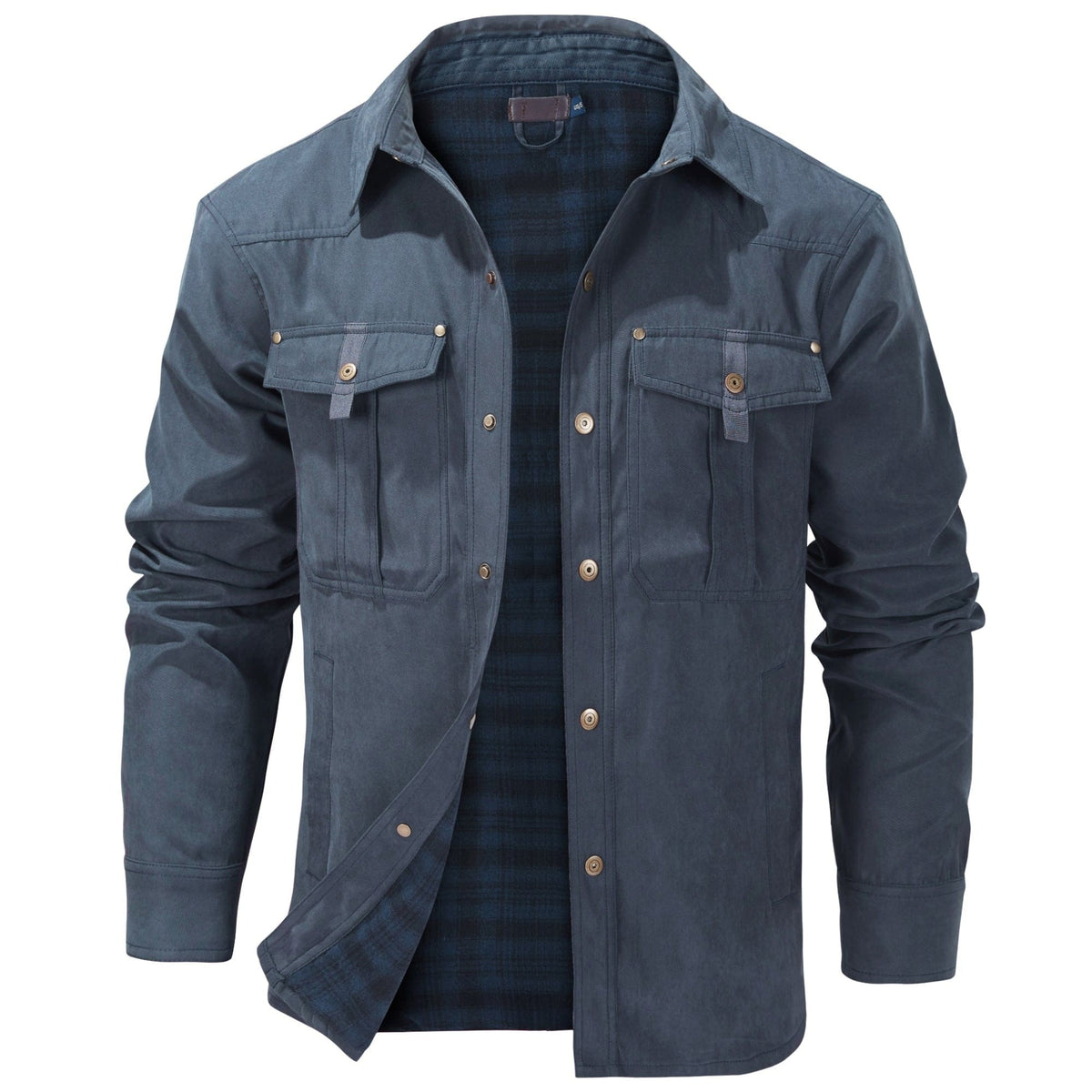 Blue flap pocket shirt jacket, front view