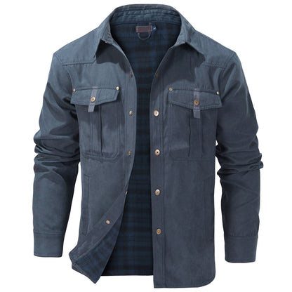 Blue flap pocket shirt jacket, front view