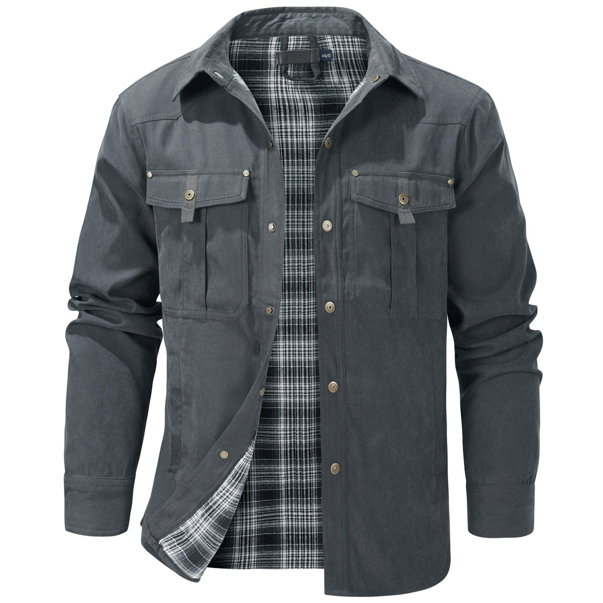 Gray flap pocket shirt jacket, front view