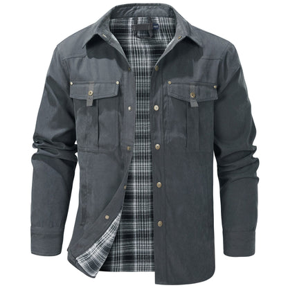 Gray flap pocket shirt jacket, front view