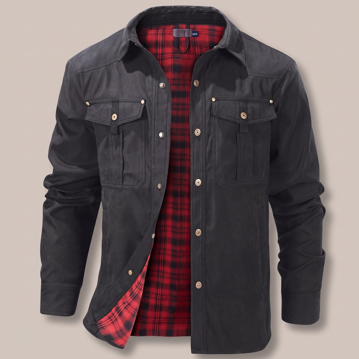 Black flap pocket shirt jacket, front view