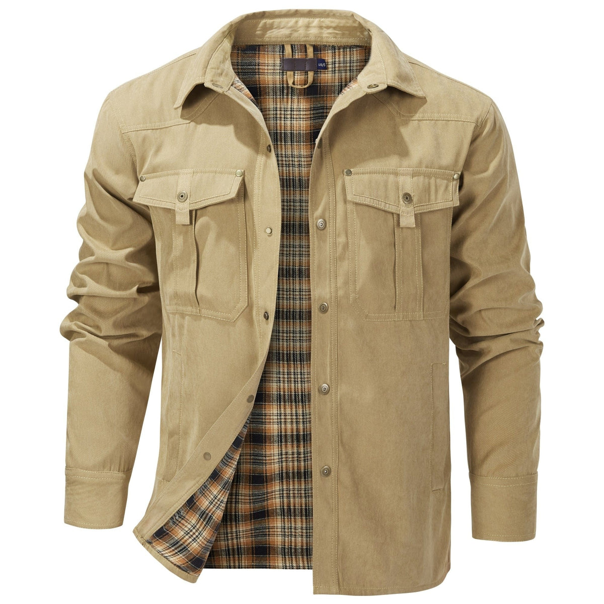 Khaki flap pocket shirt jacket, front view