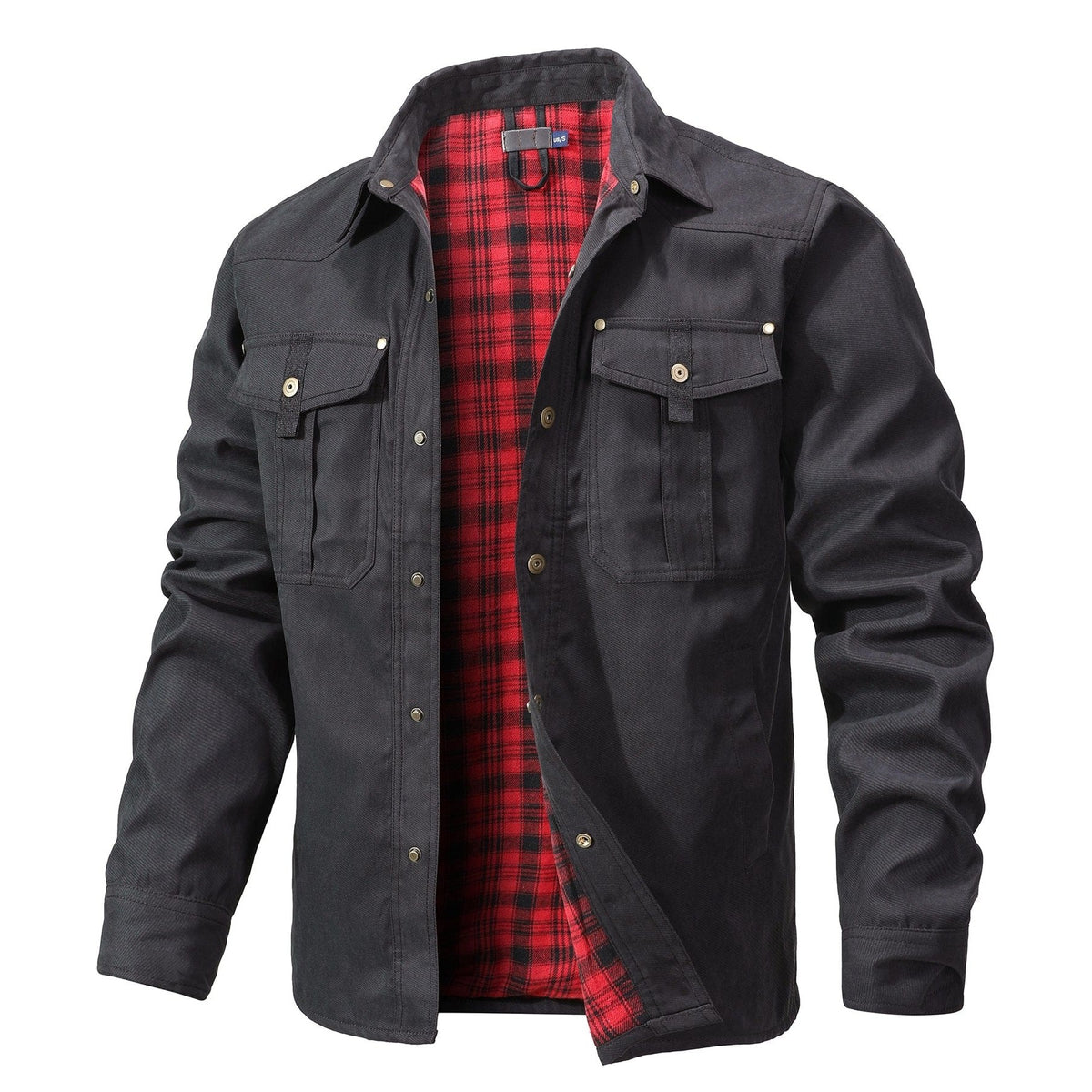 Open front view of the flap pocket shirt jacket with a plaid lining