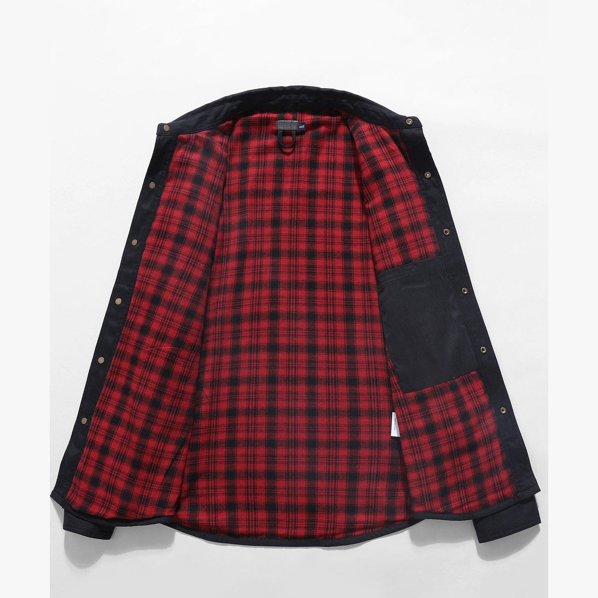 Inside view of the plaid lining on the flap pocket shirt jacket