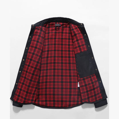 Inside view of the plaid lining on the flap pocket shirt jacket