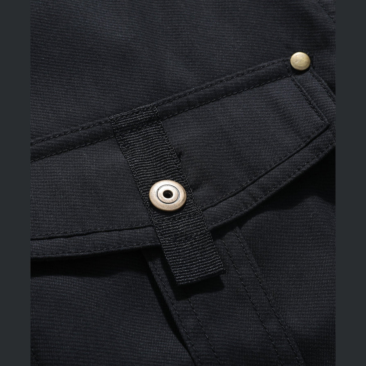 Close view of the snap button on the flap pocket shirt jacket