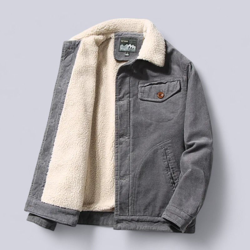 Gray sherpa collar trucker jacket, front view