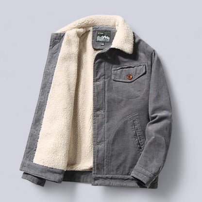 Gray sherpa collar trucker jacket, front view