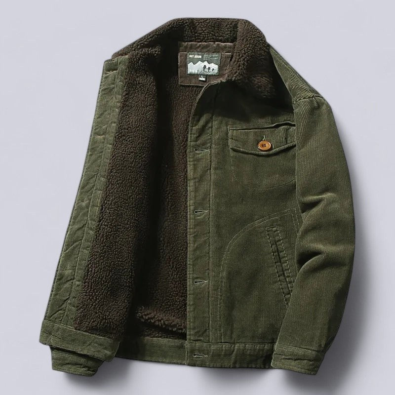 Green sherpa collar trucker jacket, front view
