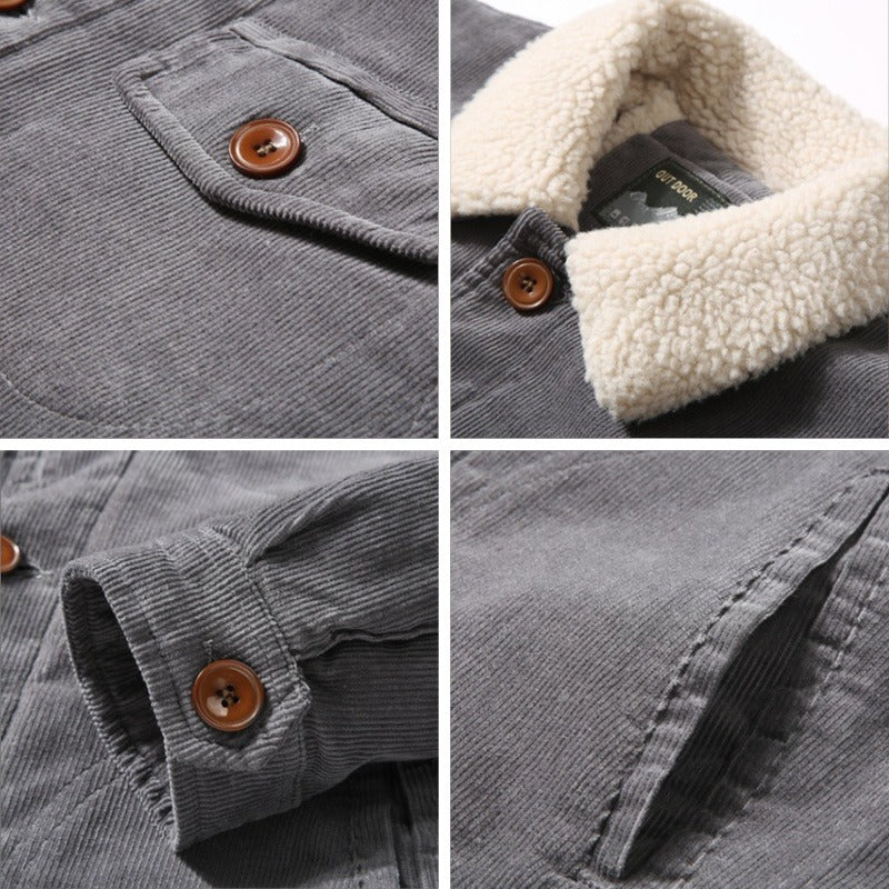 Four close views of the pocket, collar, cuff and button details on the trucker jacket
