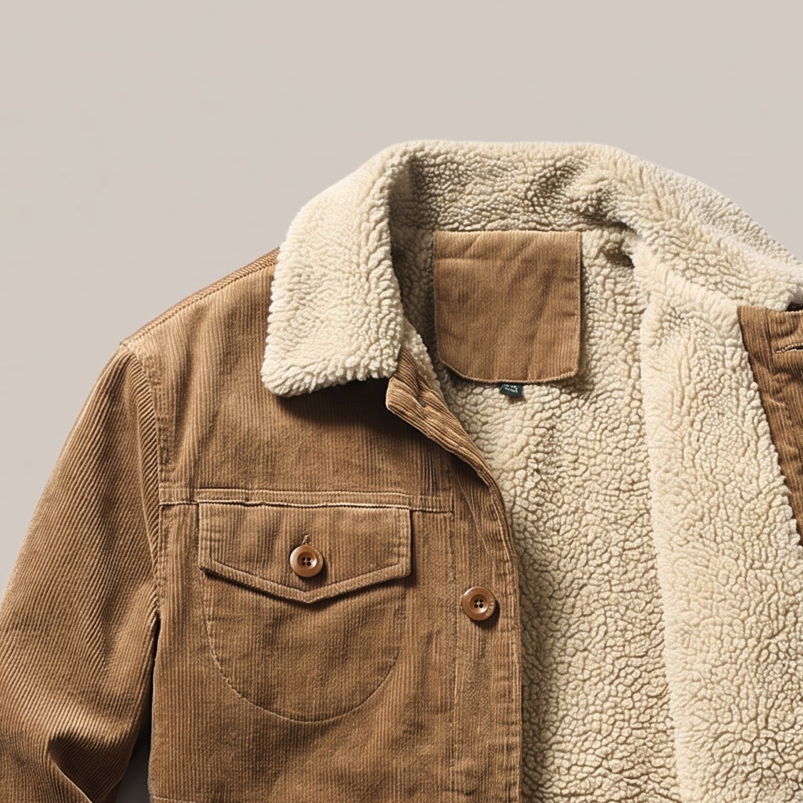 Close view of the sherpa collar on the trucker jacket