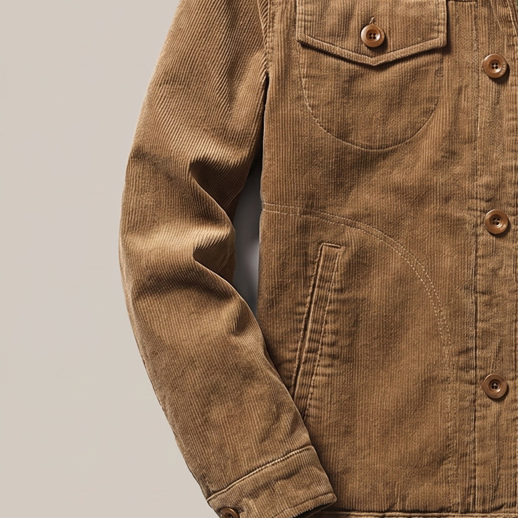 Close view of the chest flap pocket and buttons on the trucker jacket