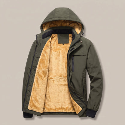 Green hooded zip jacket with plush lining, front view
