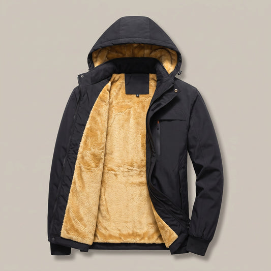 Black hooded zip jacket with plush lining, front view