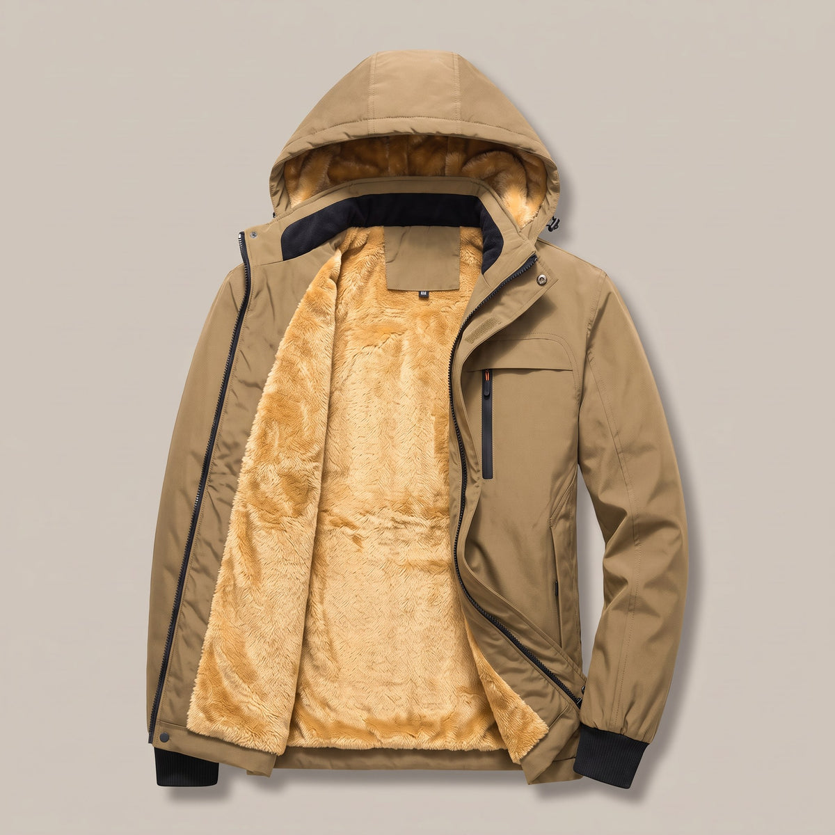 Khaki hooded zip jacket with plush lining, front view