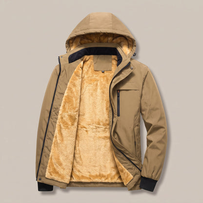 Khaki hooded zip jacket with plush lining, front view