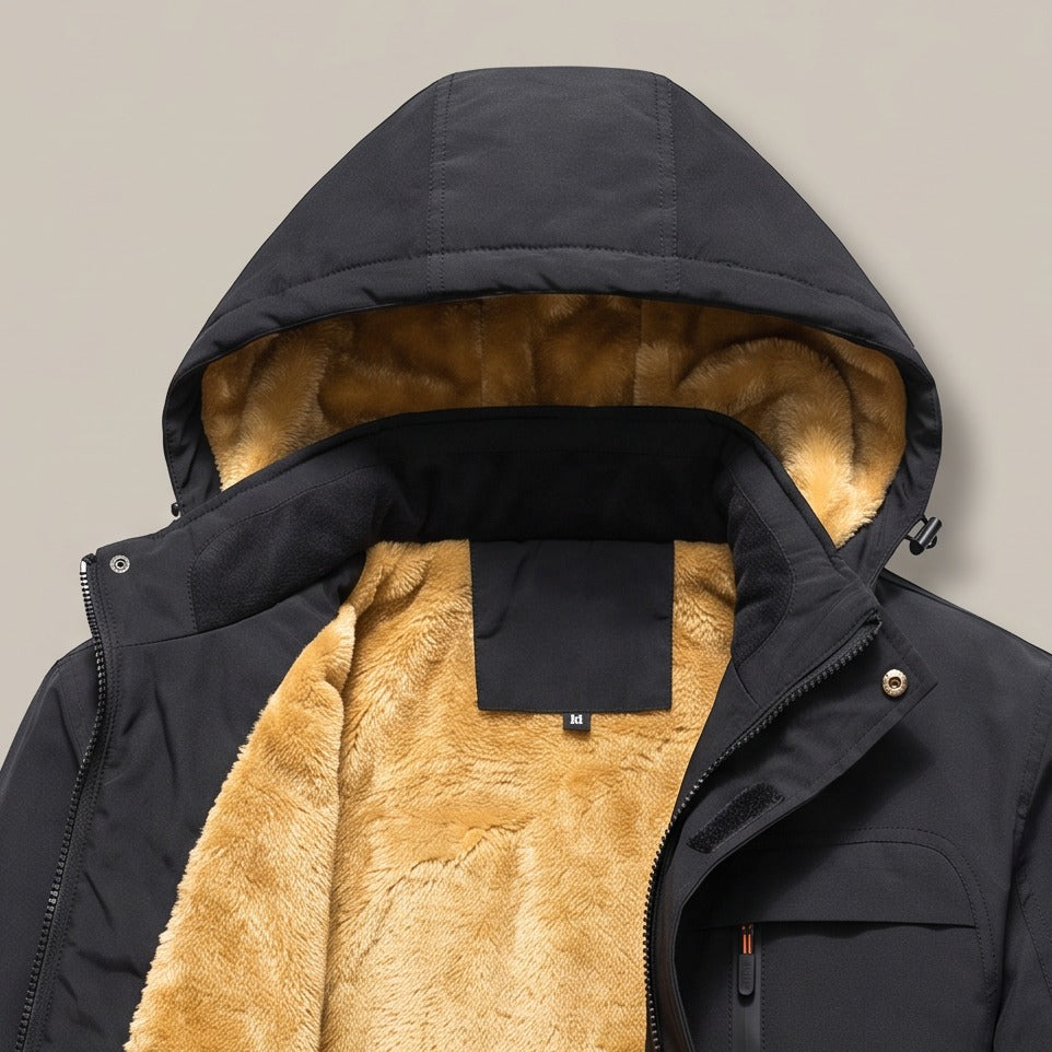 Close view of the hood and plush lining on the hooded zip jacket