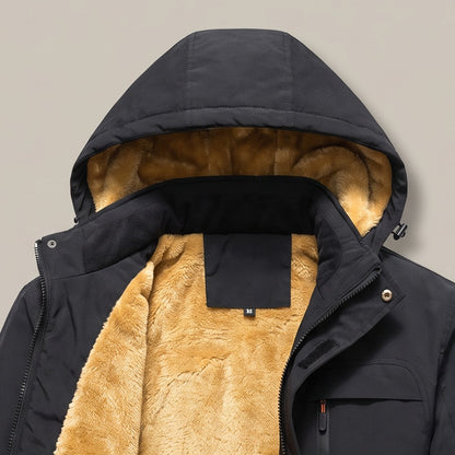 Close view of the hood and plush lining on the hooded zip jacket