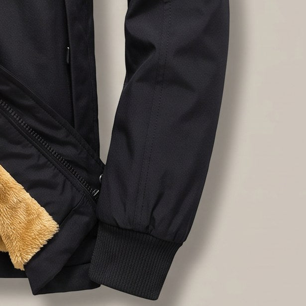 Close view of the knit cuff on the hooded zip jacket