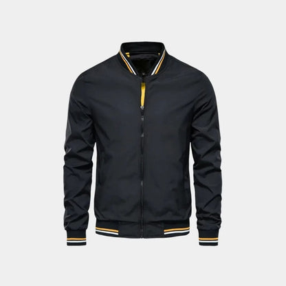 Black bomber jacket with striped trim, front view