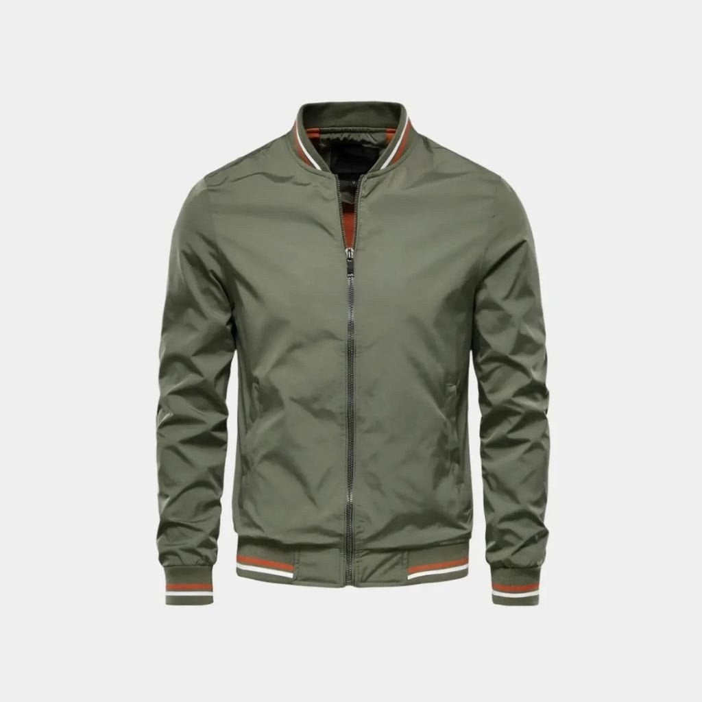 Green bomber jacket with striped trim, front view