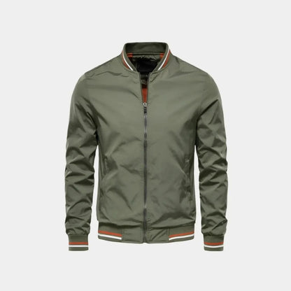 Green bomber jacket with striped trim, front view