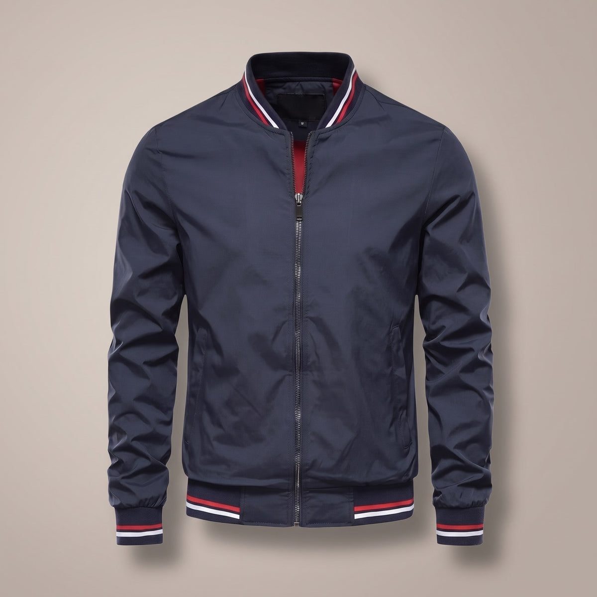 Navy bomber jacket with striped trim, front view